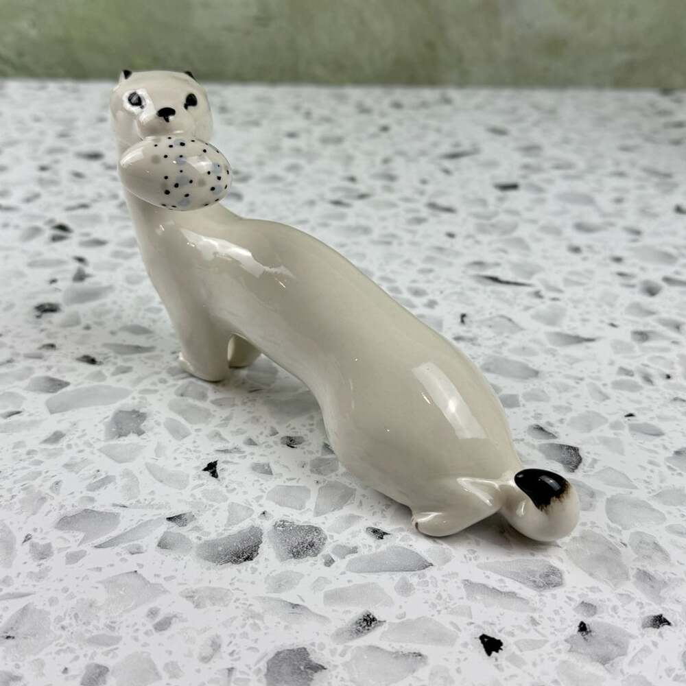 Lomonosov Porcelain Ermine Figurine Stoat With Egg USSR Vintage